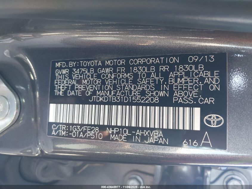 2013 Toyota Prius C One VIN: JTDKDTB31D1552208 Lot: 43645977