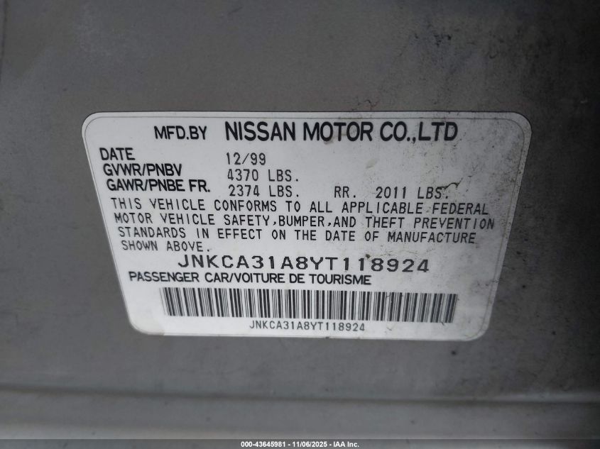 2000 Infiniti I30 Luxury/Touring VIN: JNKCA31A8YT118924 Lot: 43645981