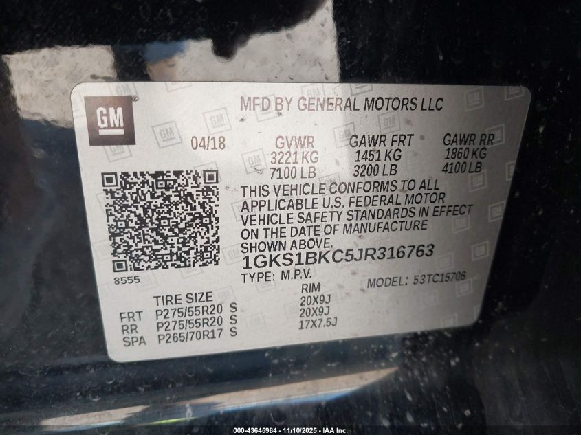 2018 GMC Yukon Slt VIN: 1GKS1BKC5JR316763 Lot: 43645984