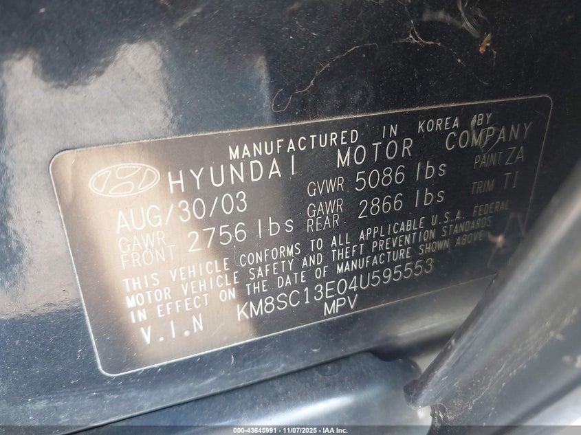 2004 Hyundai Santa Fe Gls/Lx VIN: KM8SC13E04U595553 Lot: 43645991