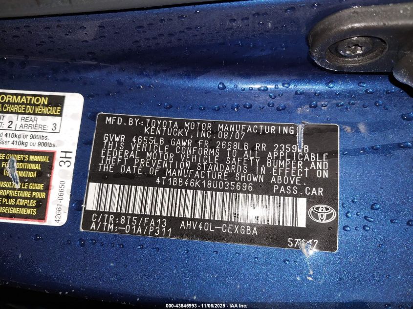 2008 Toyota Camry Hybrid VIN: 4T1BB46K18U035696 Lot: 43645993