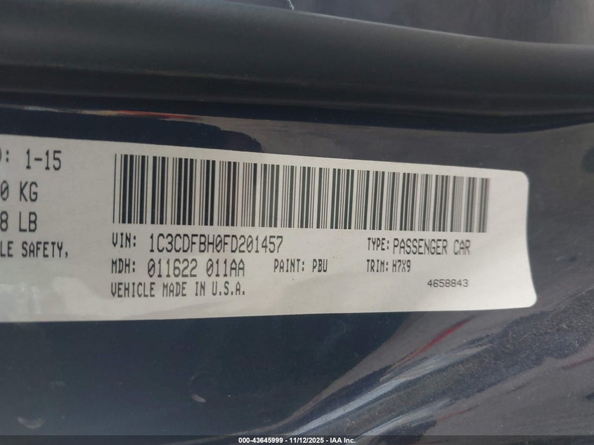 2015 Dodge Dart Sxt VIN: 1C3CDFBH0FD201457 Lot: 43645999