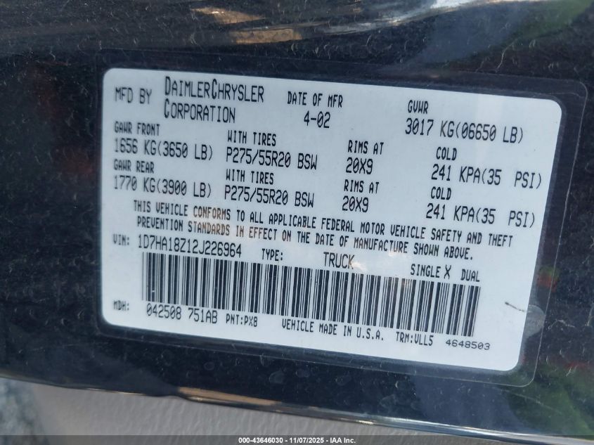 2002 Dodge Ram 1500 St VIN: 1D7HA18Z12J226964 Lot: 43646030