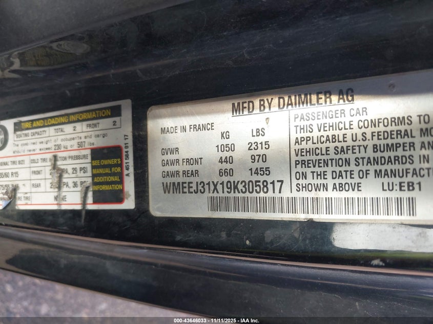 WMEEJ31X19K305817 2009 SMART FORTWO photo no. 9