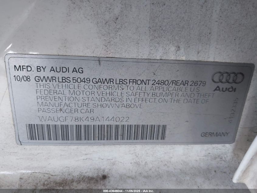 2009 Audi A4 2.0T Avant VIN: WAUGF78K49A144022 Lot: 43646044