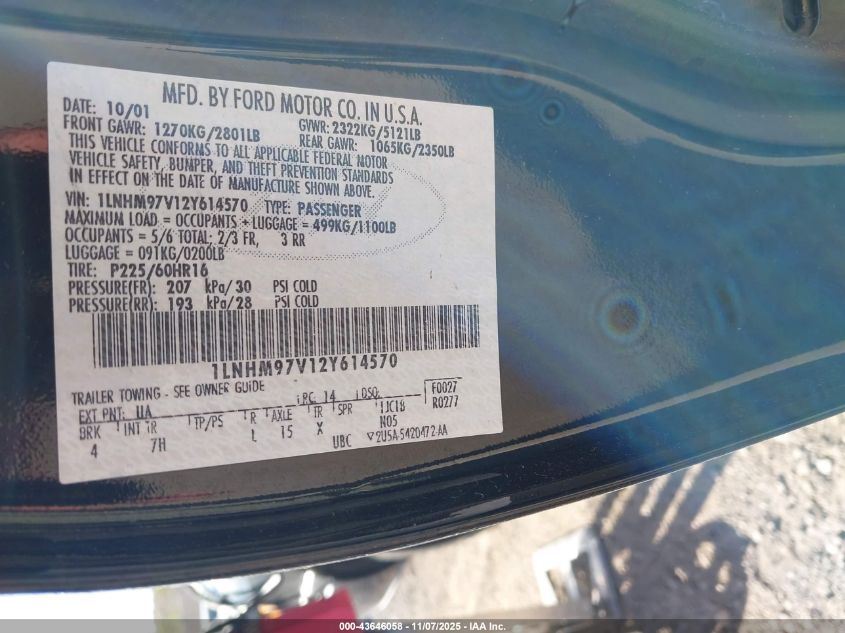 2002 Lincoln Continental VIN: 1LNHM97V12Y614570 Lot: 43646058