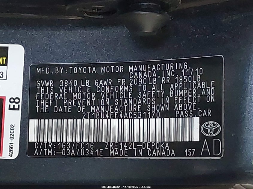 2T1BU4EE4AC531170 2010 TOYOTA COROLLA photo no. 9