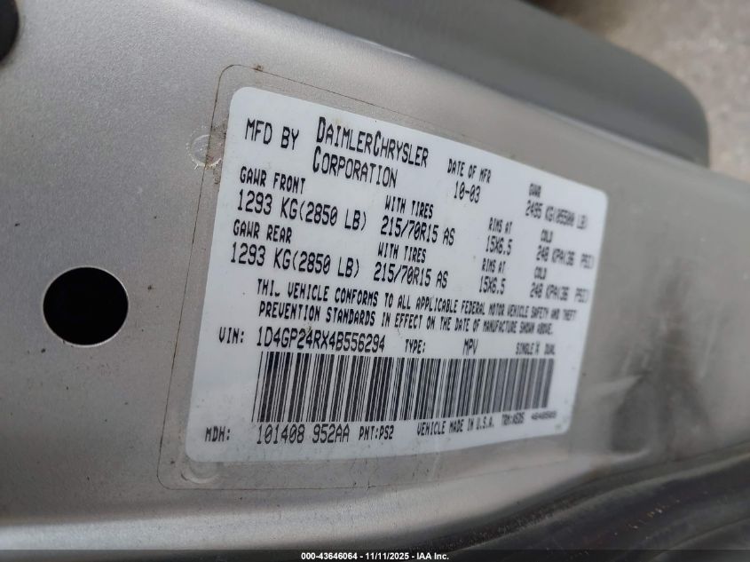 2004 Dodge Grand Caravan Se VIN: 1D4GP24RX4B556294 Lot: 43646064