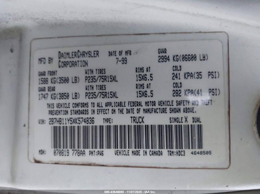 1999 Dodge Ram Van 1500 Commercial/Conversion VIN: 2B7HB11Y5XK574836 Lot: 43646068