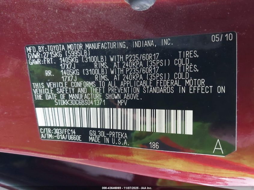 2011 Toyota Sienna Le V6 VIN: 5TDKK3DC6BS041371 Lot: 43646069