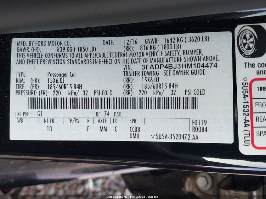 2017 Ford Fiesta Se VIN: 3FADP4BJ3HM104474 Lot: 43646076