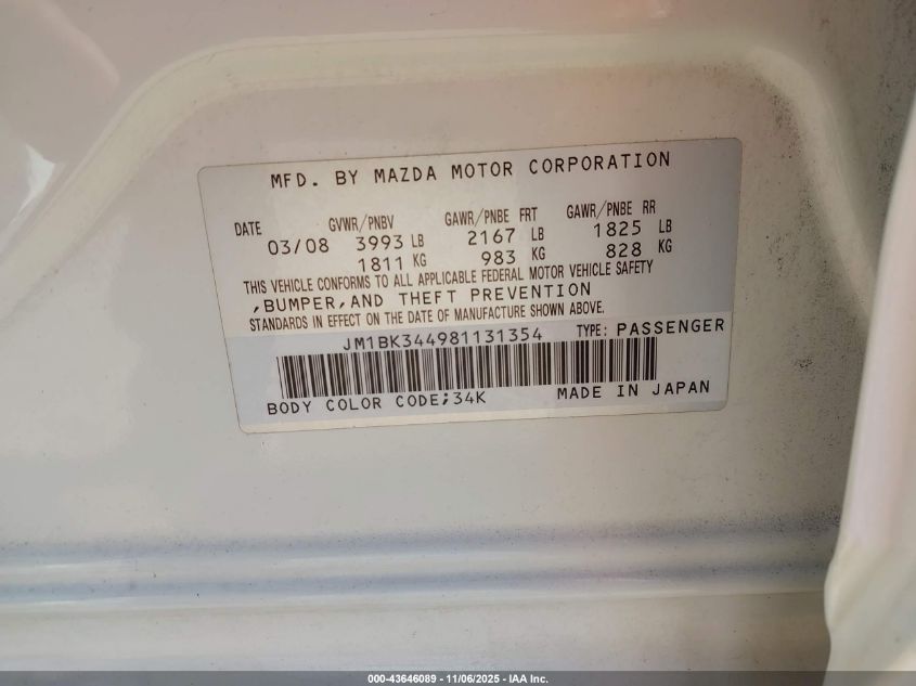 2008 Mazda Mazda3 S Grand Touring VIN: JM1BK344981131354 Lot: 43646089