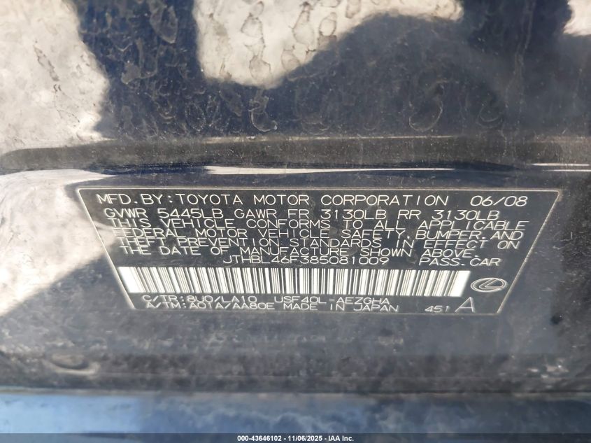 2008 Lexus Ls 460 VIN: JTHBL46F385081009 Lot: 43646102