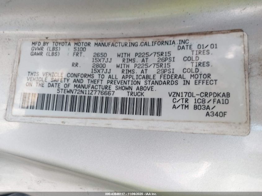 2001 Toyota Tacoma Base V6 VIN: 5TEWN72N11Z776667 Lot: 43646117