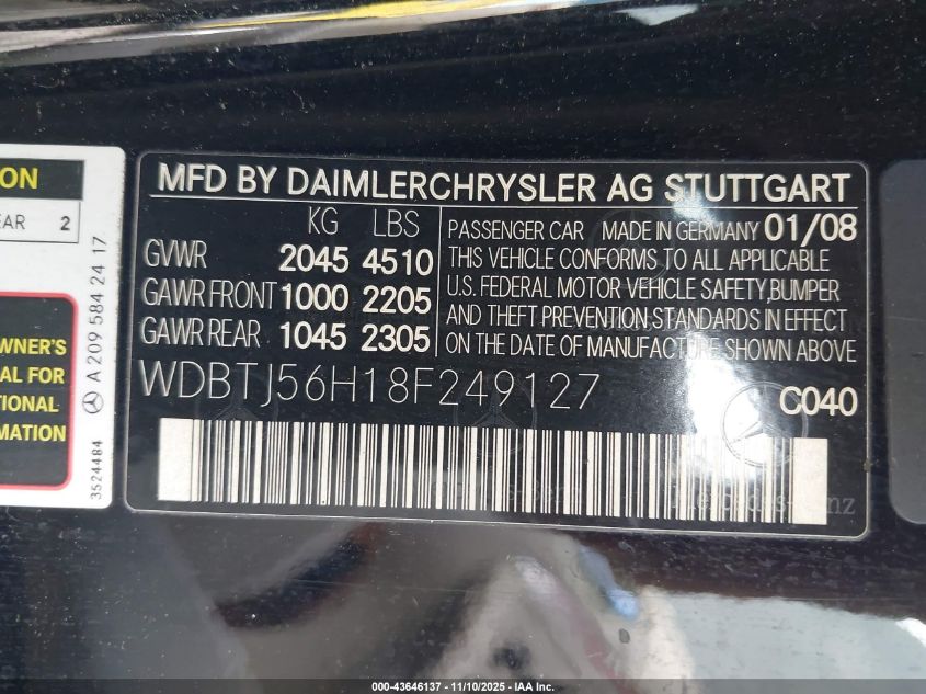 2008 Mercedes-Benz Clk 350 VIN: WDBTJ56H18F249127 Lot: 43646137
