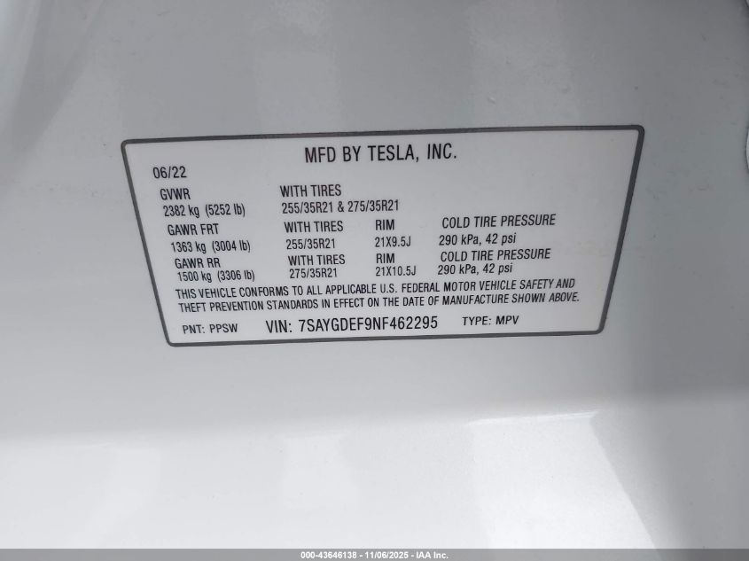 2022 Tesla Model Y Performance Dual Motor All-Wheel Drive VIN: 7SAYGDEF9NF462295 Lot: 43646138