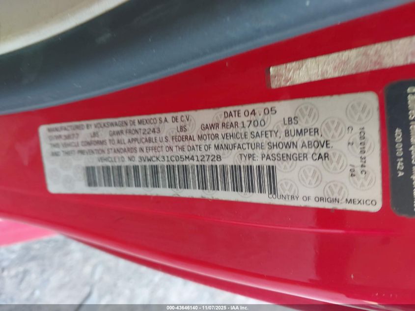 2005 Volkswagen New Beetle Gls VIN: 3VWCK31C05M412728 Lot: 43646140