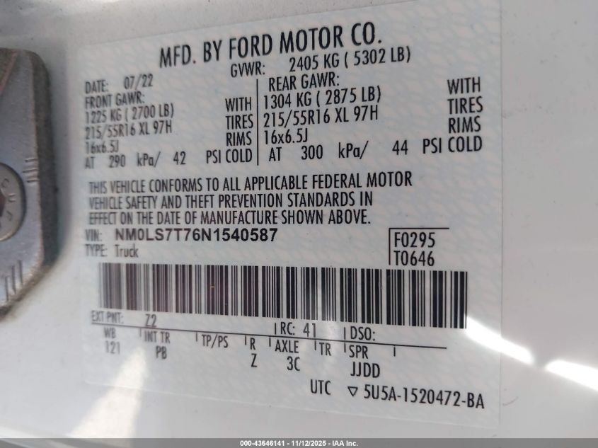 2022 Ford Transit Connect Xlt VIN: NM0LS7T76N1540587 Lot: 43646141