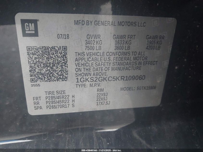 2019 GMC Yukon Xl Slt VIN: 1GKS2GKC5KR109060 Lot: 43646144