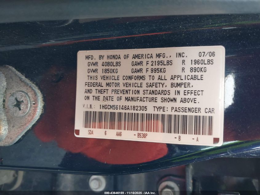 2006 Honda Accord 2.4 Vp VIN: 1HGCM56146A182305 Lot: 43646159
