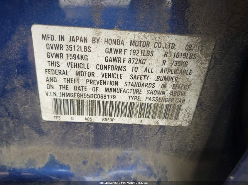 2013 HONDA FIT SPORT - JHMGE8H55DC068179