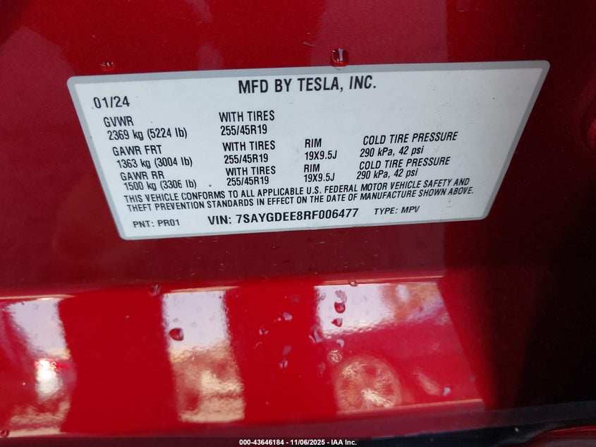 2024 TESLA MODEL Y U   U(VIN: 7SAYGDEE8RF006477