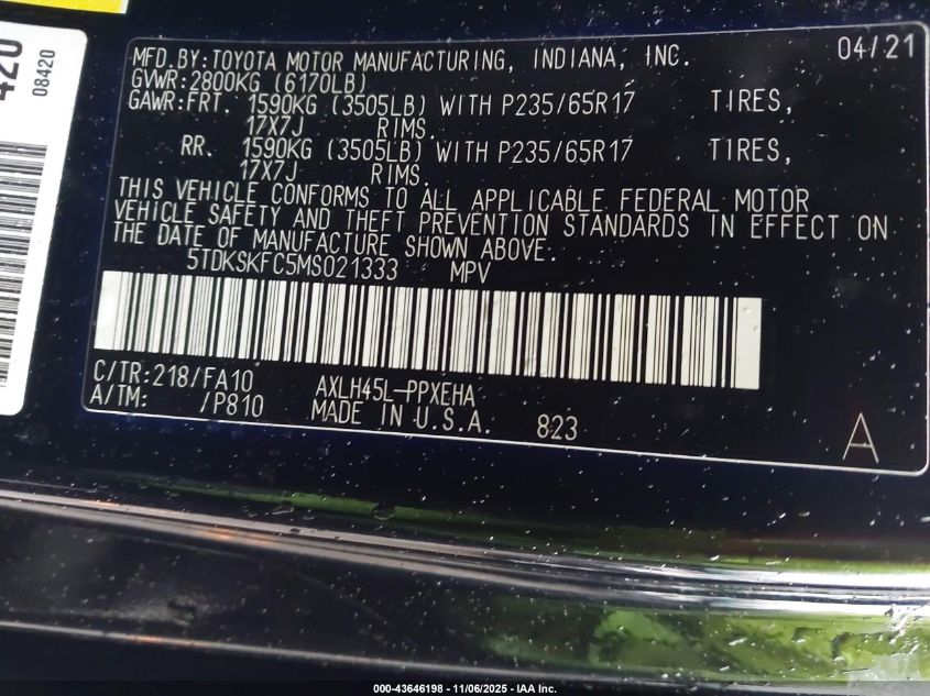 2021 Toyota Sienna Le VIN: 5TDKSKFC5MS021333 Lot: 43646198