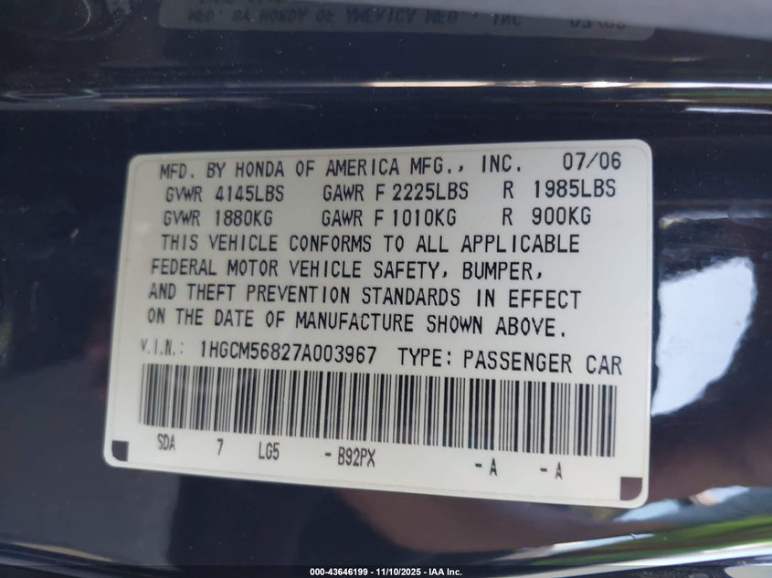 1HGCM56827A003967 2007 HONDA ACCORD photo no. 9
