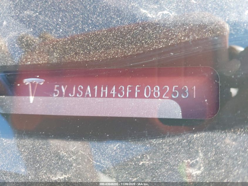 2015 Tesla Model S 85D/P85D VIN: 5YJSA1H43FF082531 Lot: 43646200