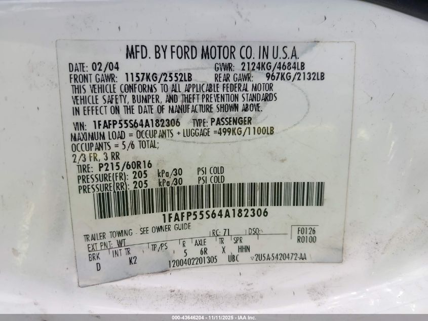 2004 Ford Taurus Ses VIN: 1FAFP55S64A182306 Lot: 43646204