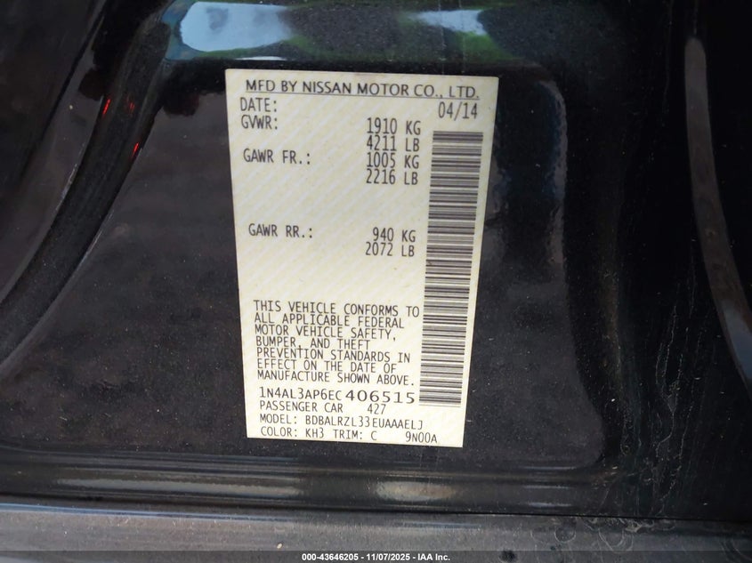 2014 NISSAN ALTIMA 2.5 S 1N4AL3AP6EC406515