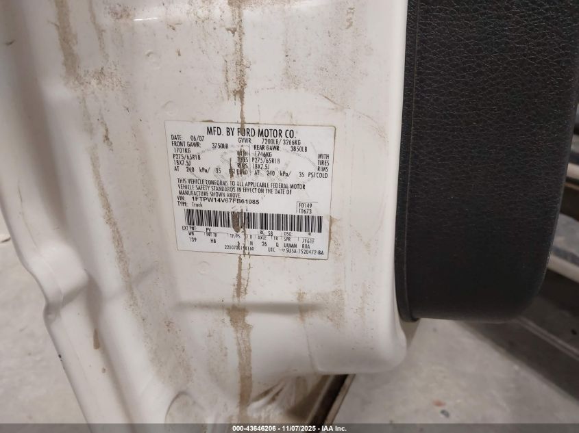 2007 Ford F-150 Fx4/Lariat/Xlt VIN: 1FTPW14V67FB61985 Lot: 43646206