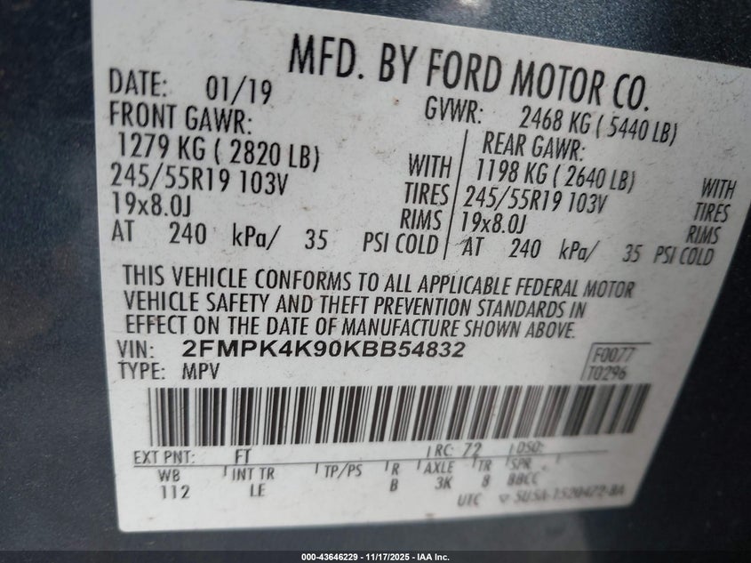 2019 Ford Edge Titanium VIN: 2FMPK4K90KBB54832 Lot: 43646229