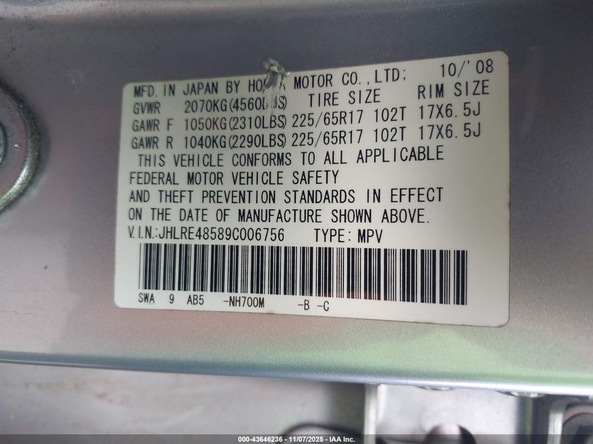 2009 Honda Cr-V Ex VIN: JHLRE48589C006756 Lot: 43646236