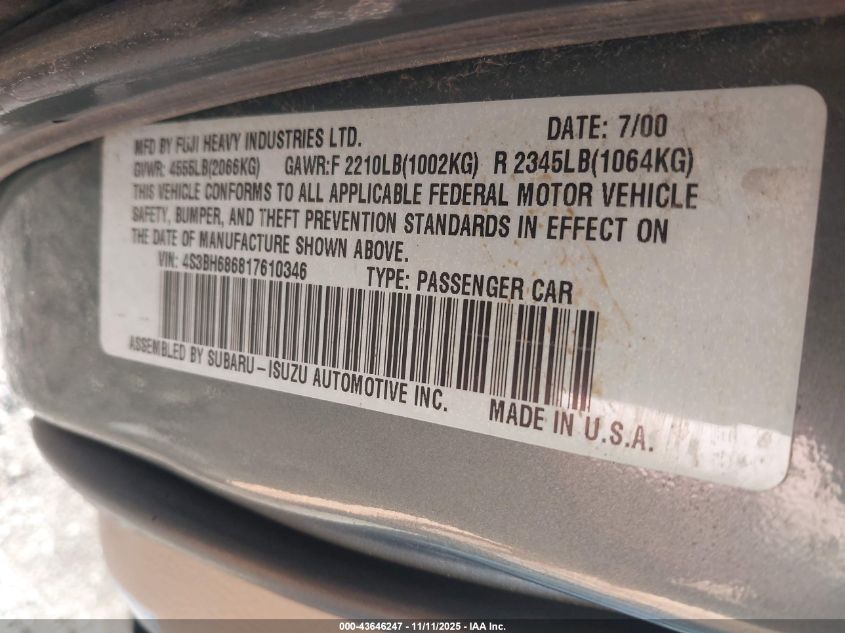 2001 Subaru Outback Limited VIN: 4S3BH686817610346 Lot: 43646247