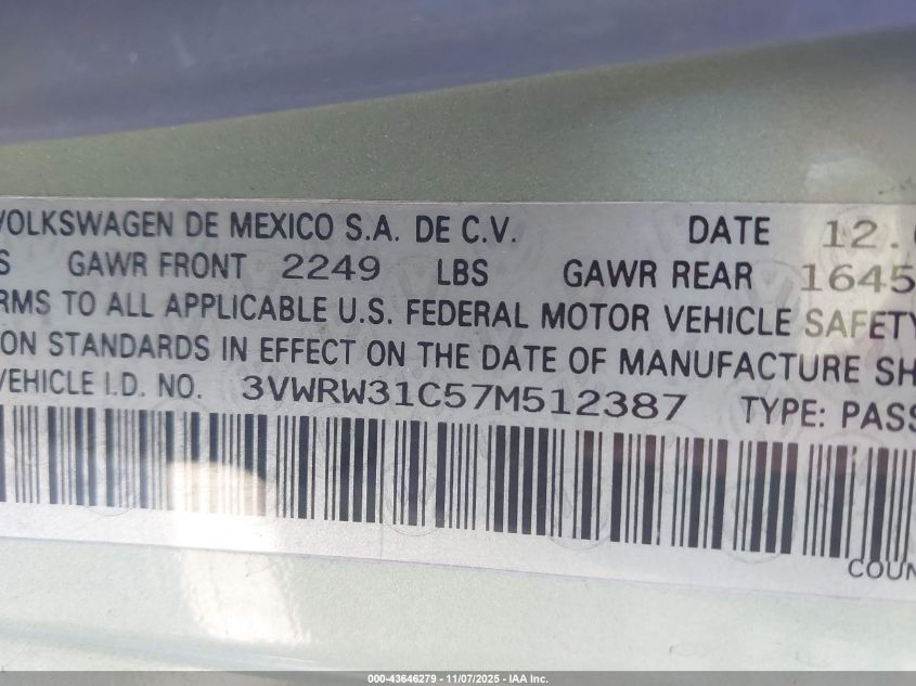 2007 Volkswagen New Beetle 2.5 VIN: 3VWRW31C57M512387 Lot: 43646279