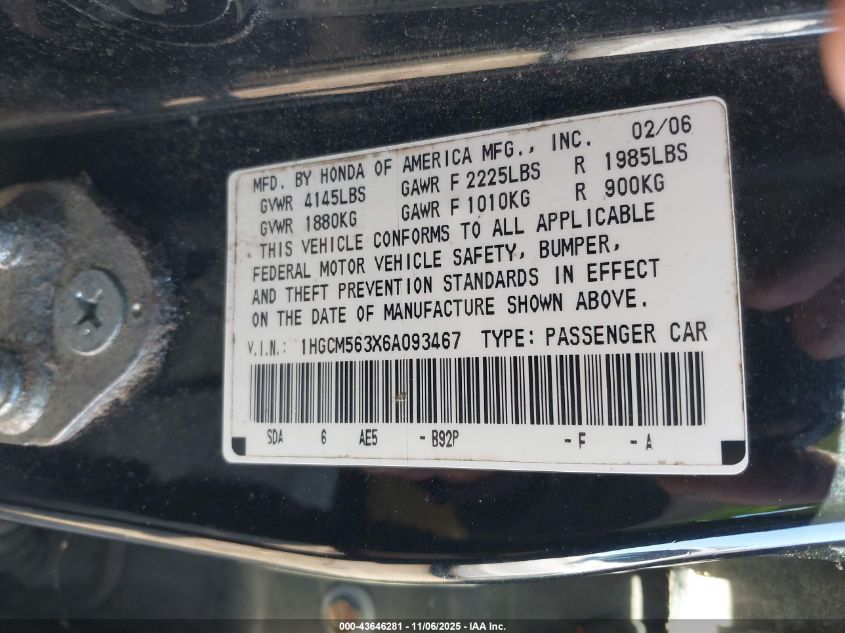 2006 Honda Accord 2.4 Se VIN: 1HGCM563X6A093467 Lot: 43646281