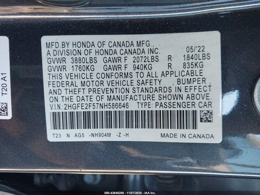 2022 HONDA CIVIC SPORT - 2HGFE2F57NH586646