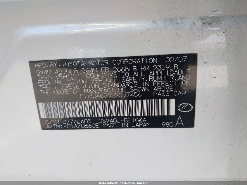 JTHBJ46G072097456 2007 LEXUS ES photo no. 9