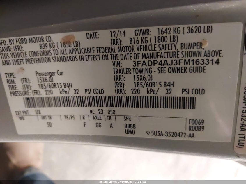 2015 Ford Fiesta S VIN: 3FADP4AJ3FM163314 Lot: 43646299