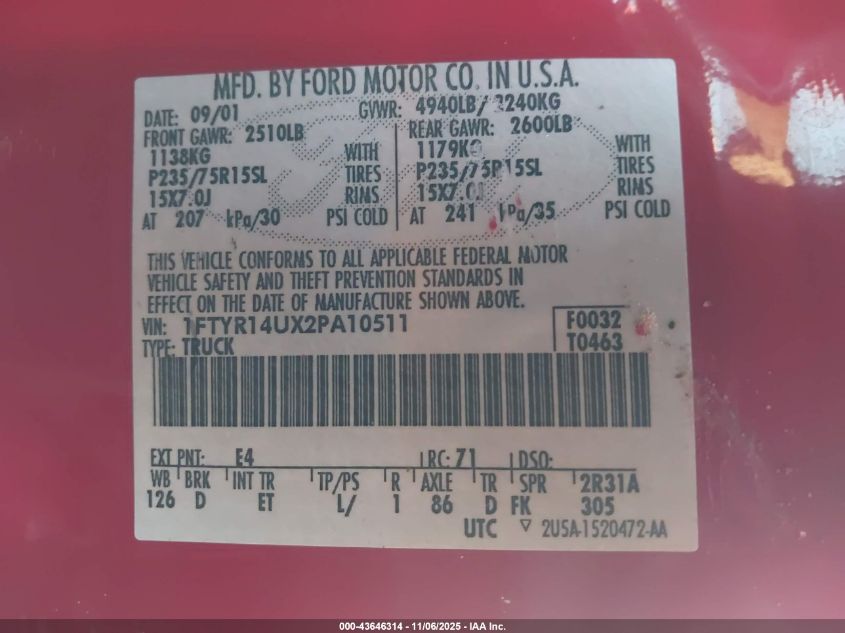 2002 Ford Ranger Edge/Tremor/Xl/Xlt VIN: 1FTYR14UX2PA10511 Lot: 43646314