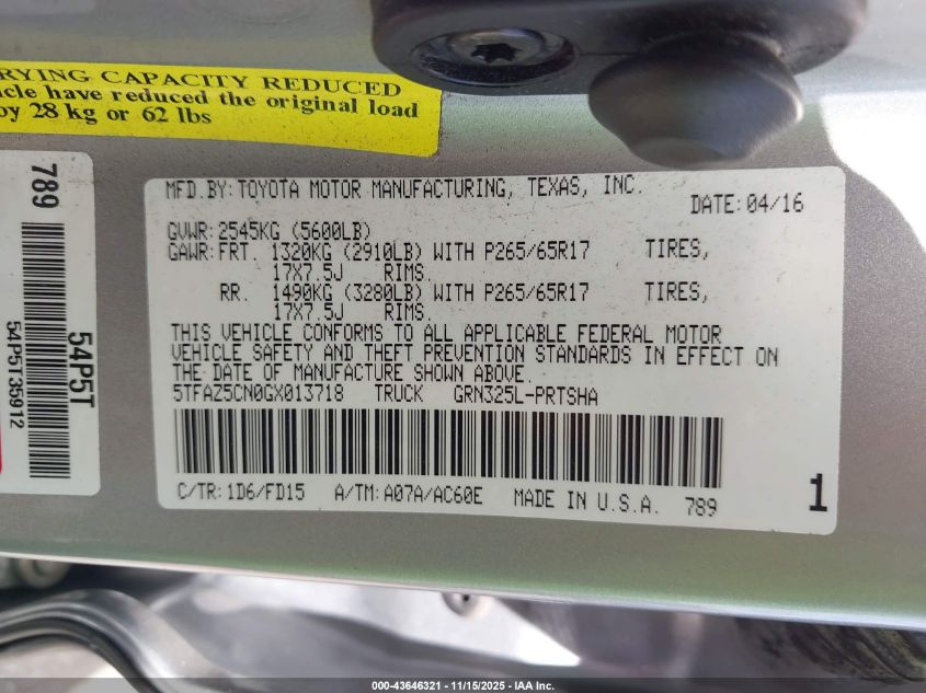 2016 Toyota Tacoma Trd Sport VIN: 5TFAZ5CN0GX013718 Lot: 43646321