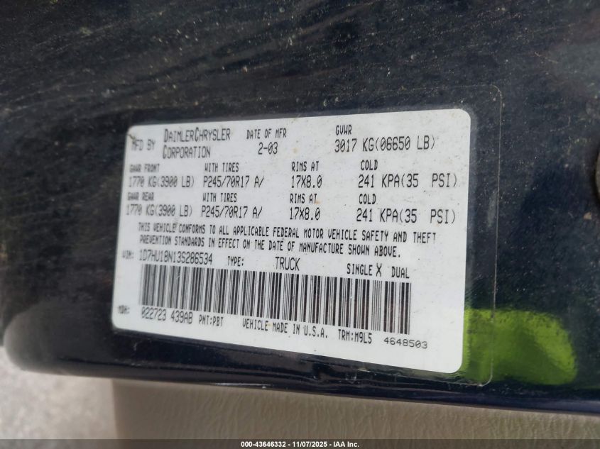 2003 Dodge Ram 1500 Slt/Laramie/St VIN: 1D7HU18N13S286534 Lot: 43646332