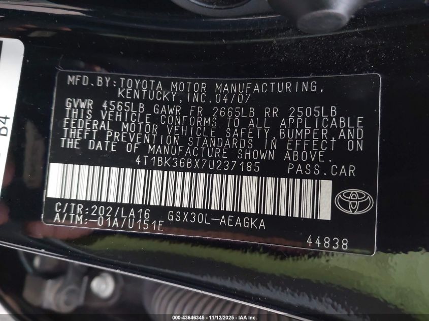 2007 Toyota Avalon Xls VIN: 4T1BK36BX7U237185 Lot: 43646345