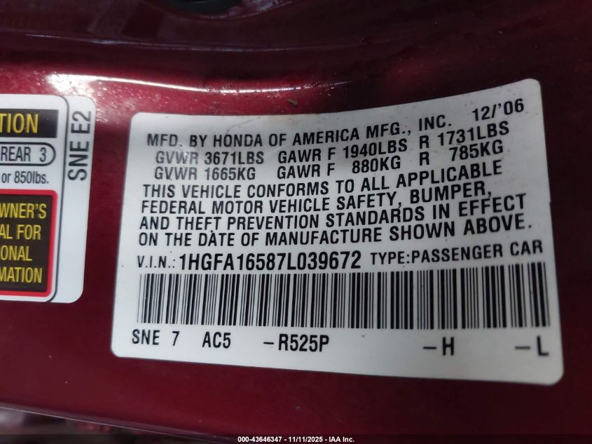 2007 Honda Civic Lx VIN: 1HGFA16587L039672 Lot: 43646347