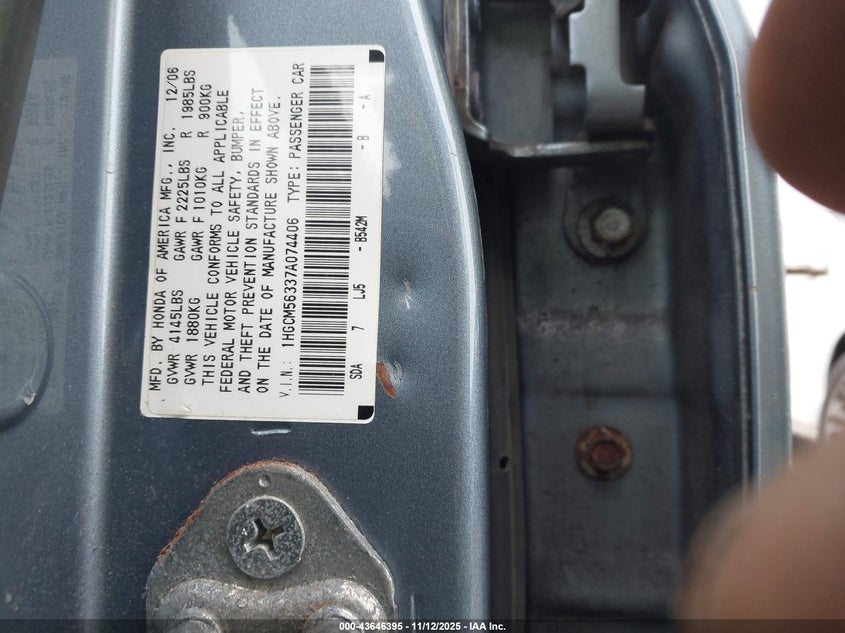 1HGCM56337A074406 2007 HONDA ACCORD photo no. 9