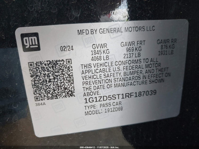2024 CHEVROLET MALIBU 1.5L I-4 DI, DOHC, V(VIN: 1G1ZD5ST1RF187039