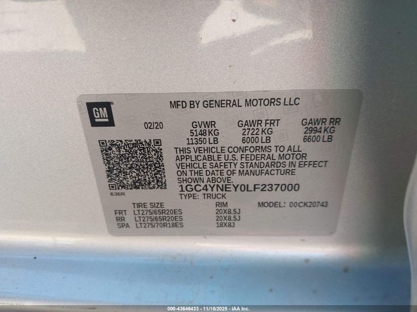 2020 Chevrolet Silverado 2500Hd 4Wd Standard Bed Lt VIN: 1GC4YNEY0LF237000 Lot: 43646433