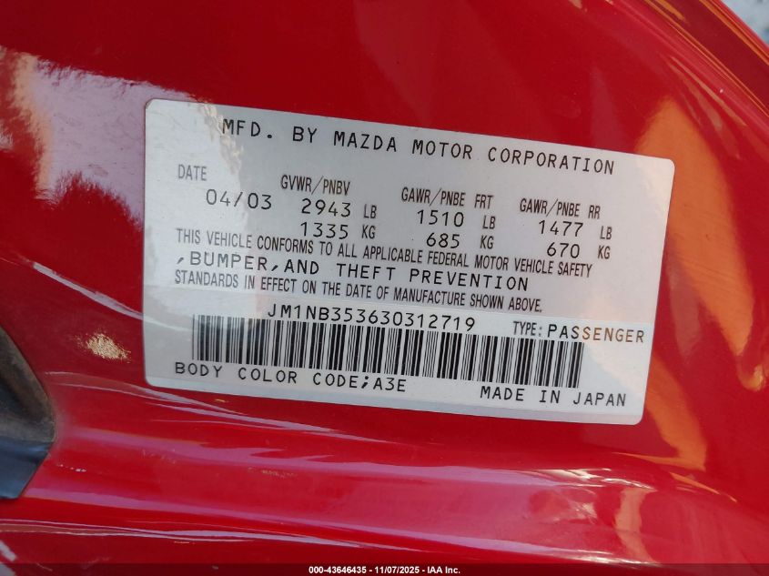 2003 Mazda Mx-5 Miata Cloth/Ls/Se/Shinsen VIN: JM1NB353630312719 Lot: 43646435