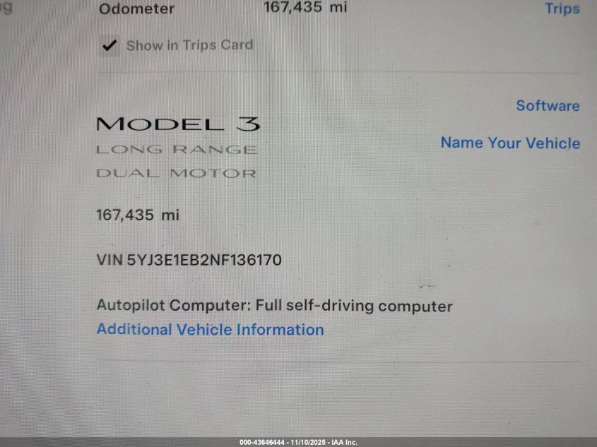 2022 Tesla Model 3 Long Range Dual Motor All-Wheel Drive VIN: 5YJ3E1EB2NF136170 Lot: 43646444